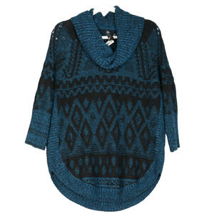 Grw Blue Black Mixed Knit Sweater Womens Medium Tunic Cowl Neck Curved Hem Soft